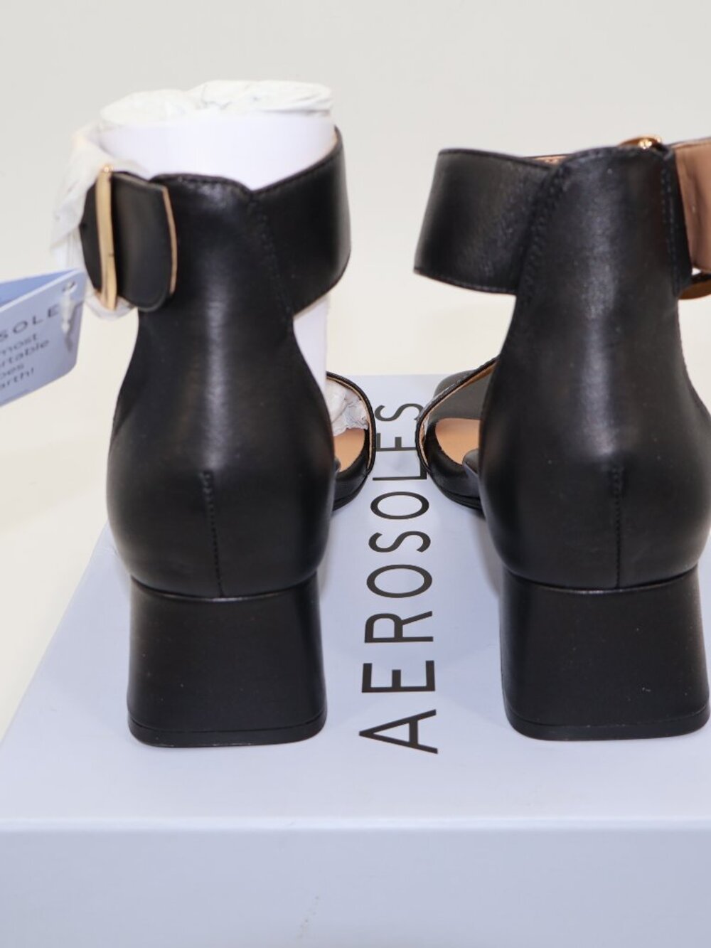 Aerosoles Eliza Block Heel Sandal Womens 8 Black Leather Ankle Strap Square Toe - Picture 3 of 10